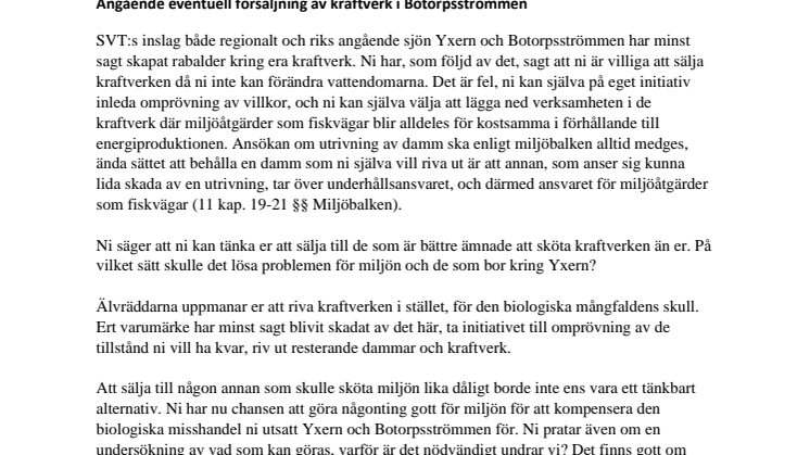 Älvräddarna uppmanar Tekniska Verken att riva ut