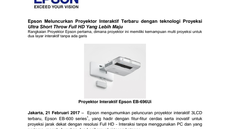 Epson Meluncurkan Proyektor Interaktif Terbaru dengan Teknologi Proyeksi Ultra Short Throw Full HD Yang Lebih Maju