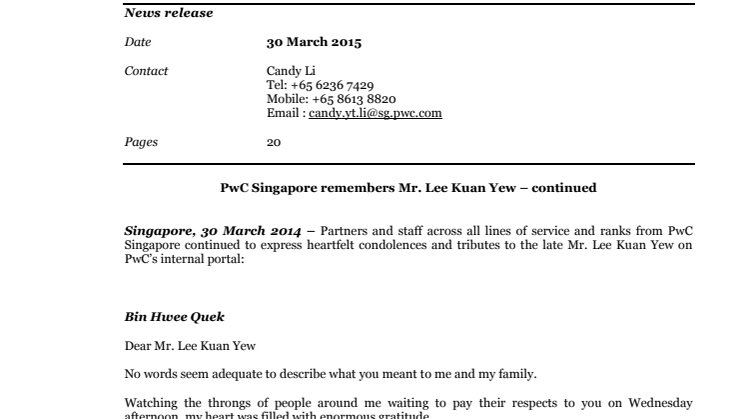 PwC Singapore remembers Mr. Lee Kuan Yew – continued