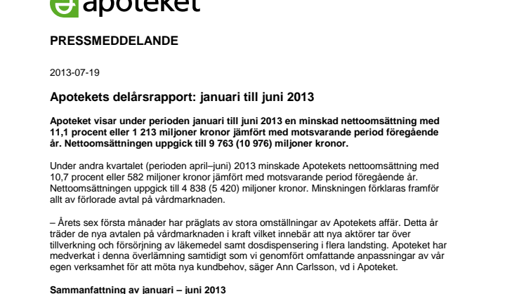 Apotekets delårsrapport: januari till juni 2013