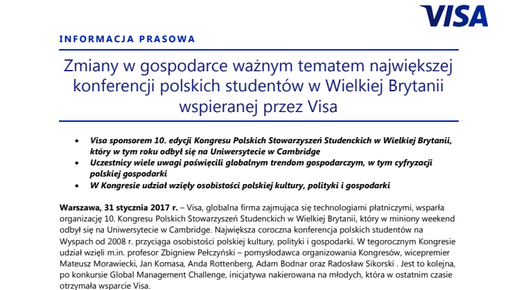 Zmiany w gospodarce ważnym tematem największej konferencji polskich studentów w Wielkiej Brytanii wspieranej przez Visa 
