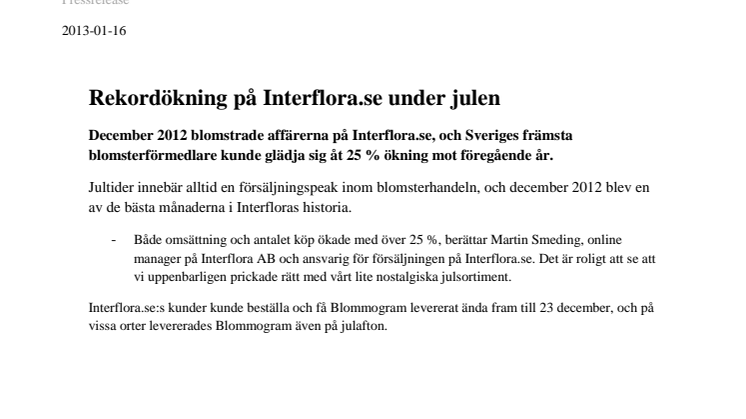 Rekordökning på Interflora.se under julen 