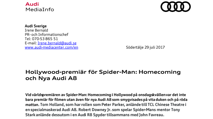 Hollywood-premiär för Nya Audi A8 och Spider-Man: Homecoming
