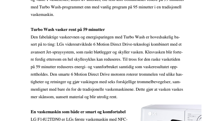 LG'S TURBO WASH VASKER MED TURBOFART OG KAN PROGRAMME-RES MED MOBILEN