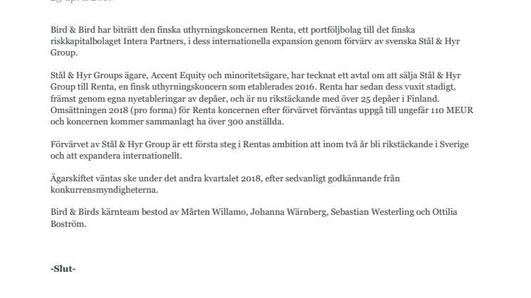 Bird & Bird biträder i svensk-finsk transaktion när Renta köper Stål & Hyr Group av Accent Equity