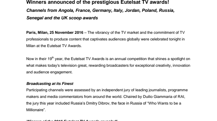​Winners announced of the prestigious Eutelsat TV awards! 