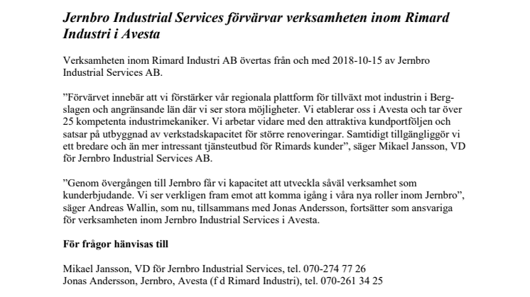 Jernbro Industrial Services förvärvar verksamheten inom Rimard Industri i Avesta 