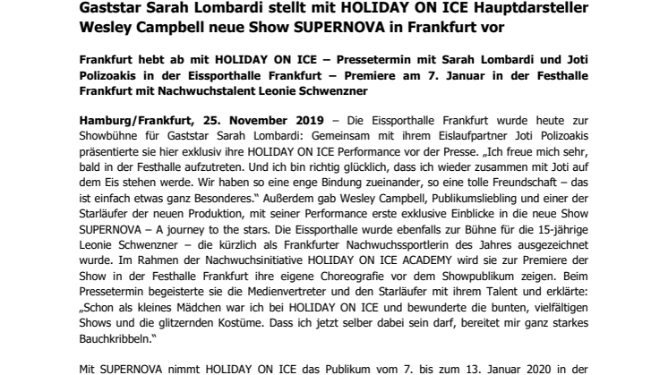 Gaststar Sarah Lombardi stellt mit HOLIDAY ON ICE Hauptdarsteller Wesley Campbell neue Show SUPERNOVA in Frankfurt vor