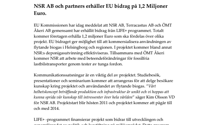 NSR AB och partners erhåller EU bidrag på 1,2 Miljoner Euro.