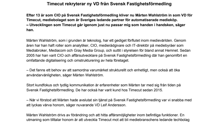 Timecut rekryterar ny VD från Svensk Fastighetsförmedling