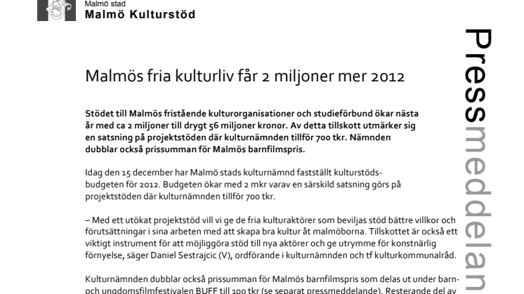 Malmös fria kulturliv får 2 miljoner mer 2012 