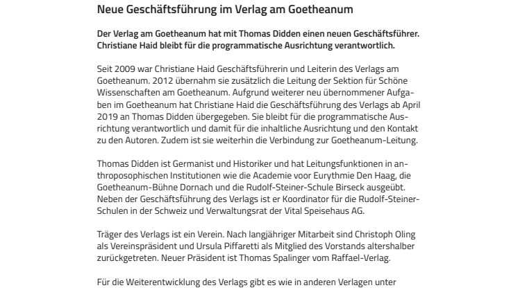 Neue Geschäftsführung im Verlag am Goetheanum