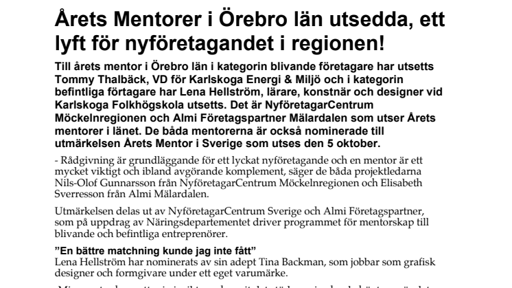 Årets Mentorer i Örebro län utsedda, ett lyft för nyföretagandet i regionen!