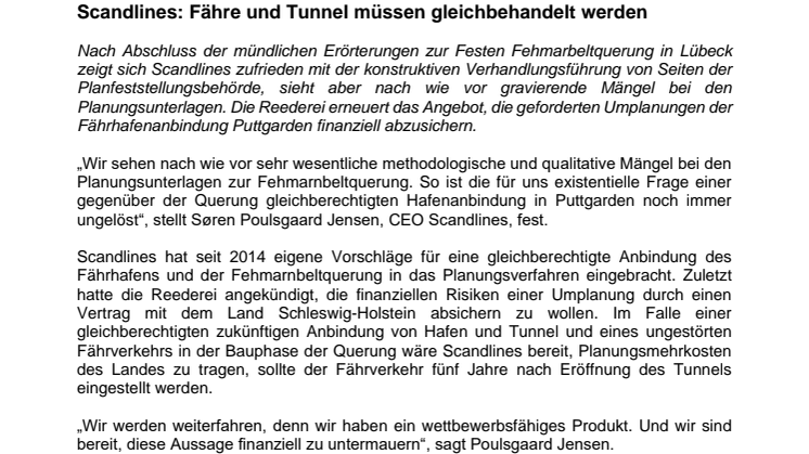 Scandlines: Fähre und Tunnel müssen gleichbehandelt werden