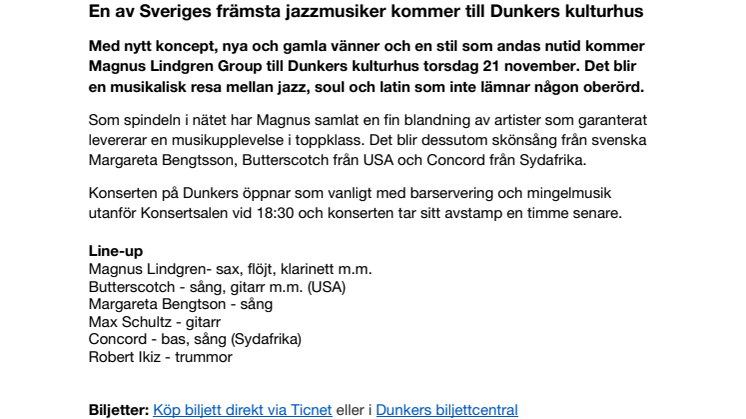 En av Sveriges främsta jazzmusiker kommer till Dunkers kulturhus