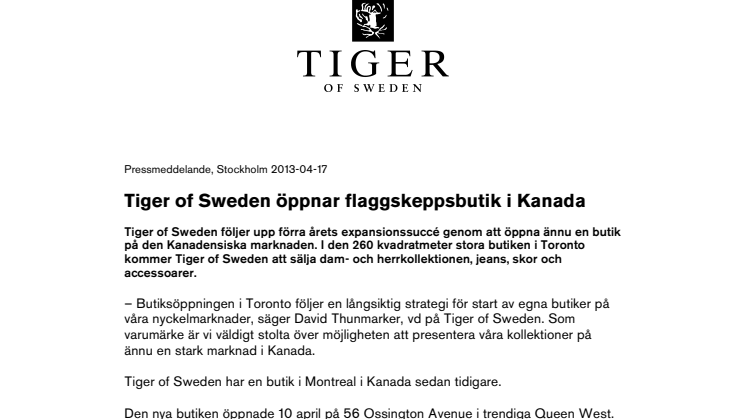Tiger of Sweden öppnar flaggskeppsbutik i Kanada