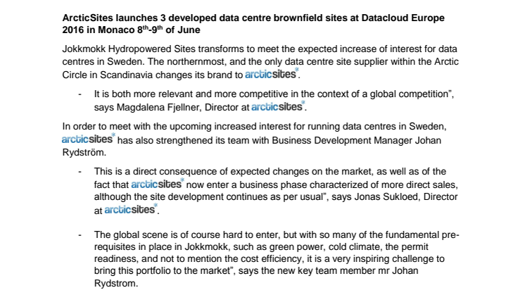 ArcticSites launches 3 developed data centre brownfield sites at Datacloud Europe 2016 in Monaco 8th-9th of June