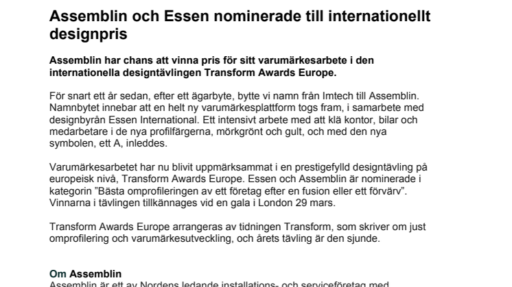 Assemblin och Essen nominerade till internationellt designpris 