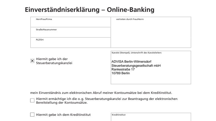 ADVISA - Einverständniserklärung – Online-Banking