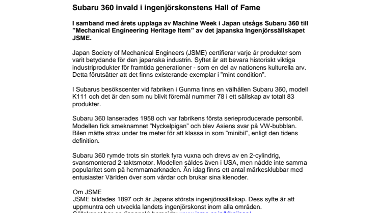 Subaru 360 invald i den japanska ingenjörskonstens Hall of Fame