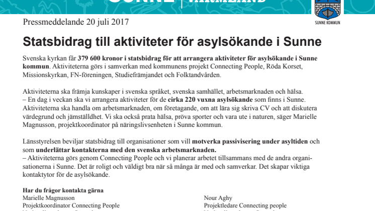 Statsbidrag till aktiviteter för asylsökande i Sunne