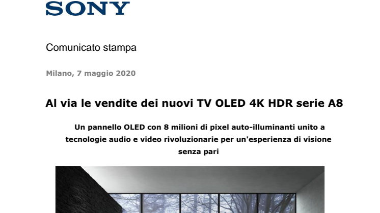 Al via le vendite dei nuovi TV OLED 4K HDR serie A8 