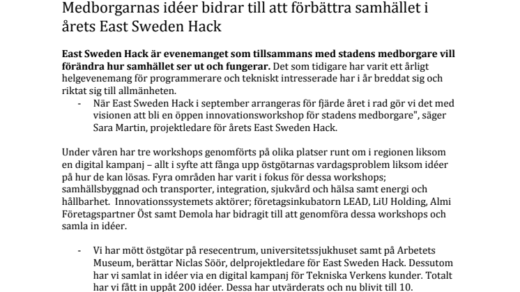 ​Medborgarnas idéer bidrar till att förbättra samhället i årets East Sweden Hack