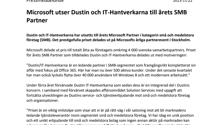 Microsoft utser Dustin och IT-Hantverkarna till årets SMB Partner