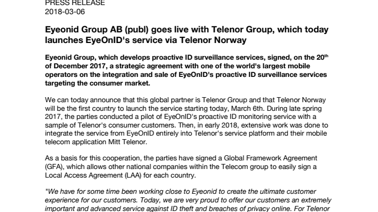 Eyeonid Group AB (publ) goes live with Telenor Group, which today launches EyeOnID's service via Telenor Norway