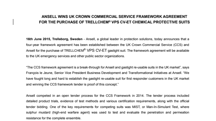 ANSELL WINS UK CROWN COMMERCIAL SERVICE FRAMEWORK AGREEMENT FOR THE PURCHASE OF TRELLCHEM® VPS CV-ET CHEMICAL PROTECTIVE SUITS
