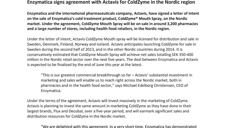 Enzymatica signs agreement with Actavis for ColdZyme in the Nordic region 