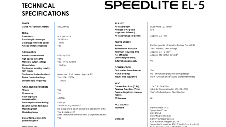 Speedlite El-5 TECHNICAL  SPECIFICATIONS