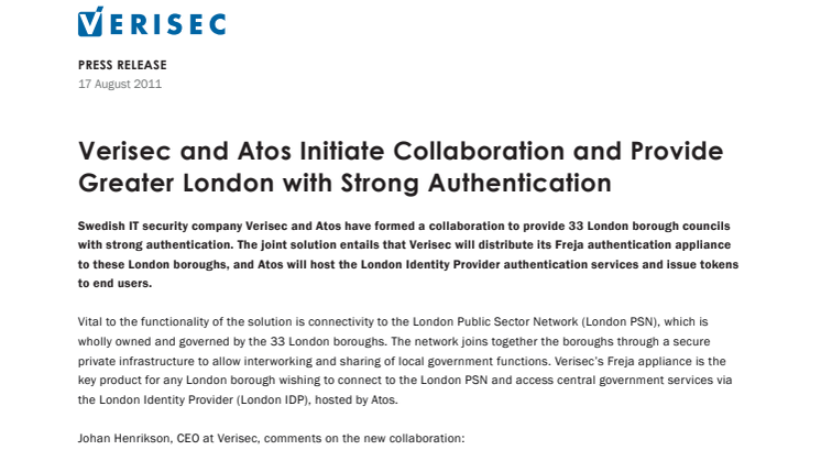 Verisec and Atos Initiate Collaboration and Provide Greater London with Strong Authentication