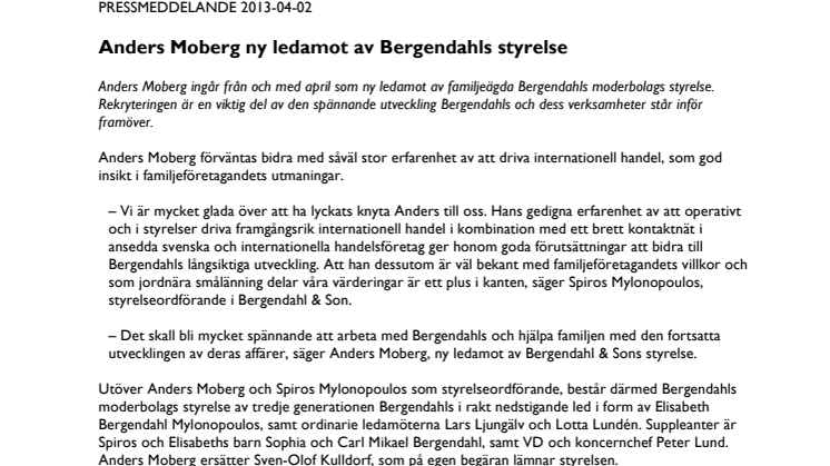 Anders Moberg ny ledamot av Bergendahls styrelse