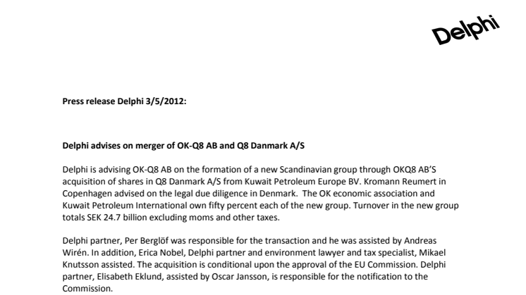 Delphi advises on merger of OK-Q8 AB and Q8 Danmark A/S