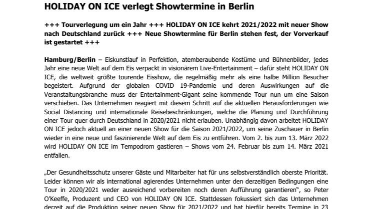 HOLIDAY ON ICE verlegt Showtermine in Berlin