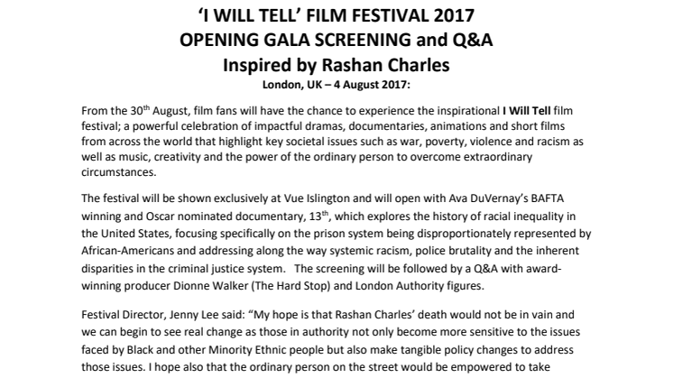 ‘I WILL TELL’ FILM FESTIVAL 2017  OPENING GALA  Inspired by Rashan Charles