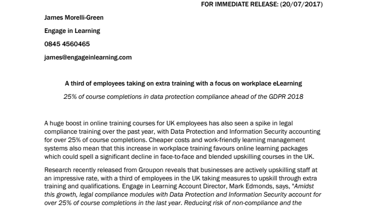 A third of employees taking on extra training with a focus on compliance eLearning ahead of GDPR 2018