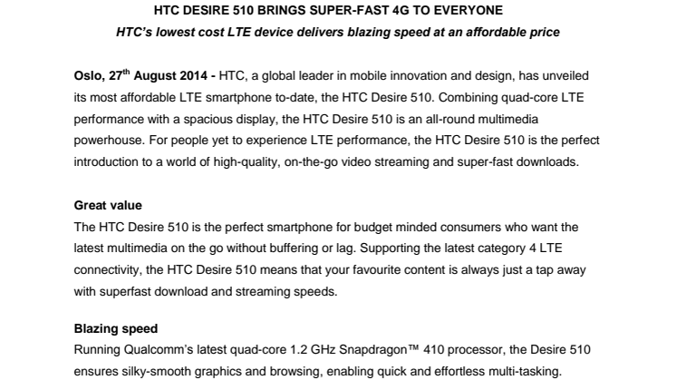 HTC DESIRE 510 BRINGS SUPER-FAST 4G TO EVERYONE