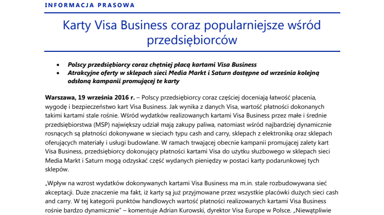 Karty Visa Business coraz popularniejsze wśród przedsiębiorców