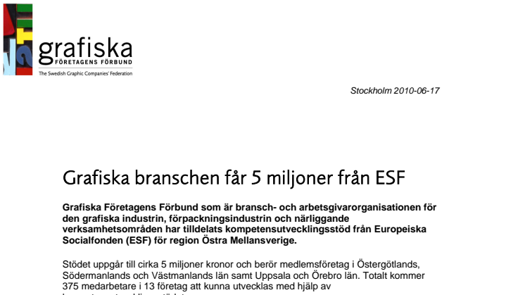 Grafiska branschen får 5 miljoner från ESF