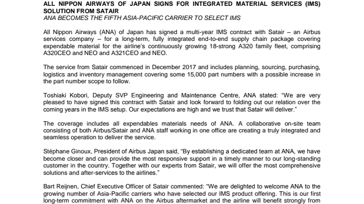 All Nippon Airways of Japan signs for Integrated Material Services (IMS) solution from Satair and becomes the fifth Asia-Pasific carrier to select IMS