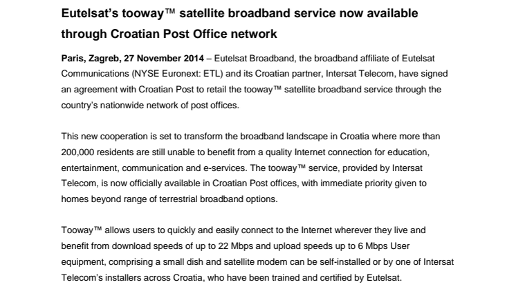Eutelsat’s tooway™ satellite broadband service now available through Croatian Post Office network
