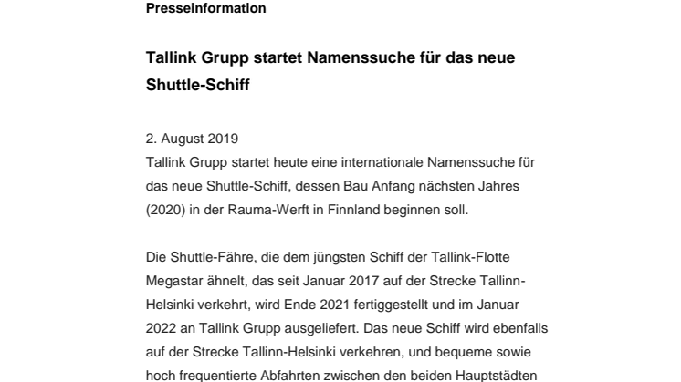 Tallink Grupp startet Namenssuche für das neue Shuttle-Schiff