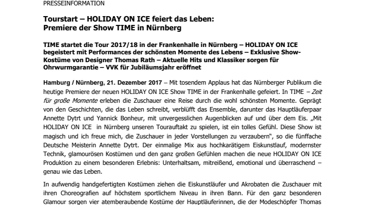 Tourstart – HOLIDAY ON ICE feiert das Leben:  Premiere der Show TIME in Nürnberg 
