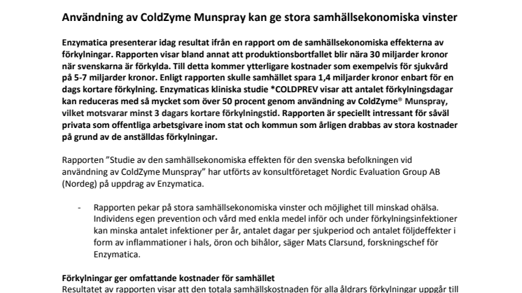 Användning av ColdZyme Munspray kan ge stora samhällsekonomiska vinster