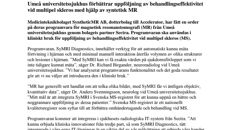 Umeå universitetssjukhus förbättrar uppföljning av behandlingseffektivitet vid multipel skleros med hjälp av syntetisk MR