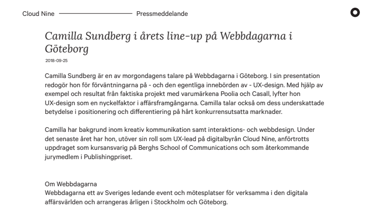 Camilla Sundberg i årets line-up på Webbdagarna i Göteborg