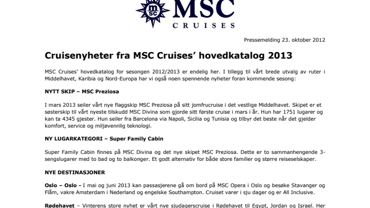 Cruisenyheter fra MSC Cruises’ hovedkatalog 2013