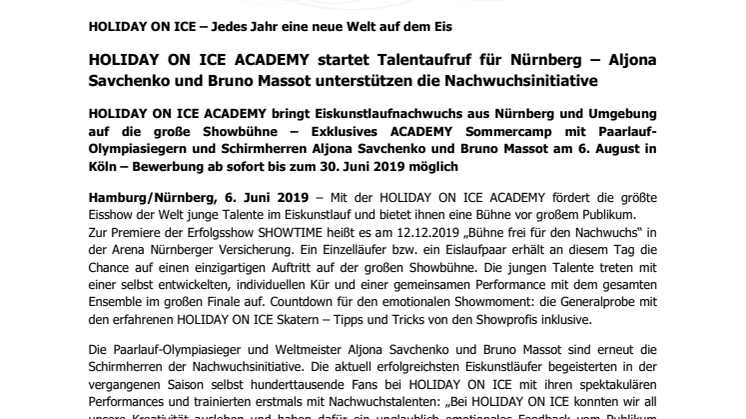HOLIDAY ON ICE ACADEMY startet Talentaufruf für Nürnberg – Aljona Savchenko und Bruno Massot unterstützen die Nachwuchsinitiative
